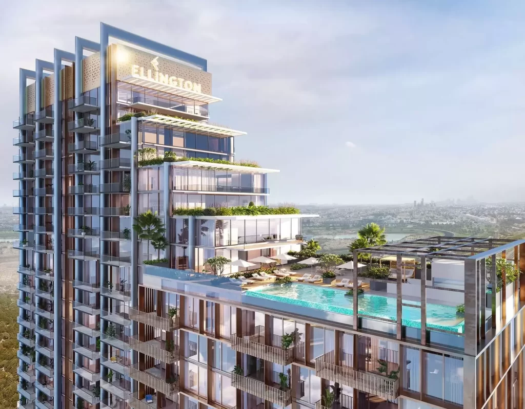 Ellington Properties Dubai residential tower with infinity pool and landscaped balconies &mdash; benefits of buying property in Dubai for Indian investors